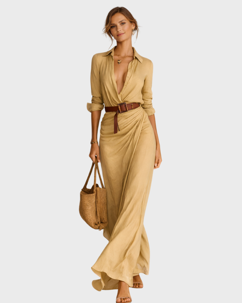 Cherry Elegant Long Women's Dress – Wrap Dress with V-Neck and Wide Belt