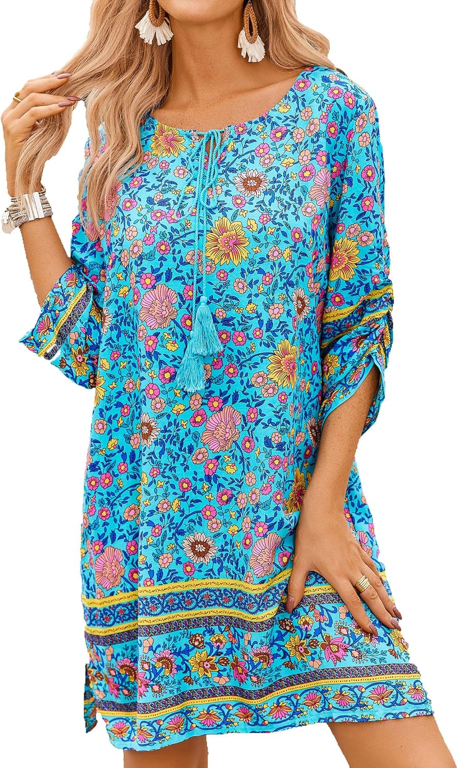 Odelia Women's Boho Dress – 3/4 Sleeves, V-Neck with Tassels & Floral Tunic