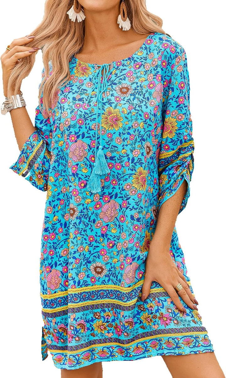 Odelia Women's Boho Dress – 3/4 Sleeves, V-Neck with Tassels & Floral Tunic