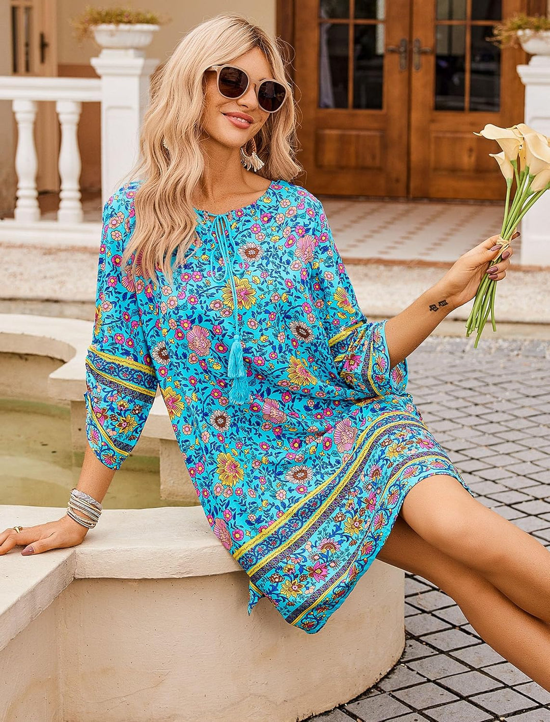 Odelia Women's Boho Dress – 3/4 Sleeves, V-Neck with Tassels & Floral Tunic
