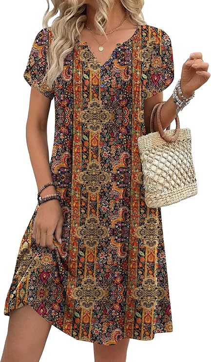 Brynlee Robe Tunique Femme – Imprimé Floral, Col en V & Poches Ligne A Élégante