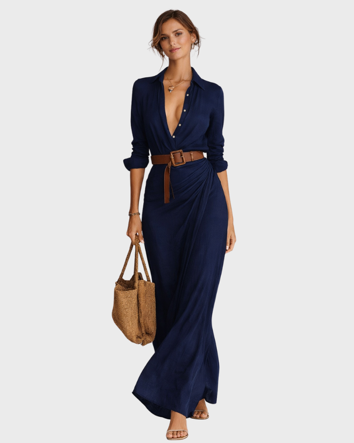 Cherry Elegant Long Women's Dress – Wrap Dress with V-Neck and Wide Belt