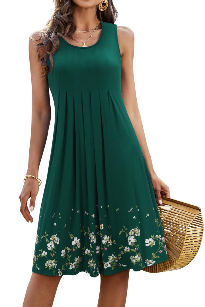 Giada Vestido Midi Mujer – Sin Mangas, Cuello Redondo y Línea A Plisado Casual de Verano