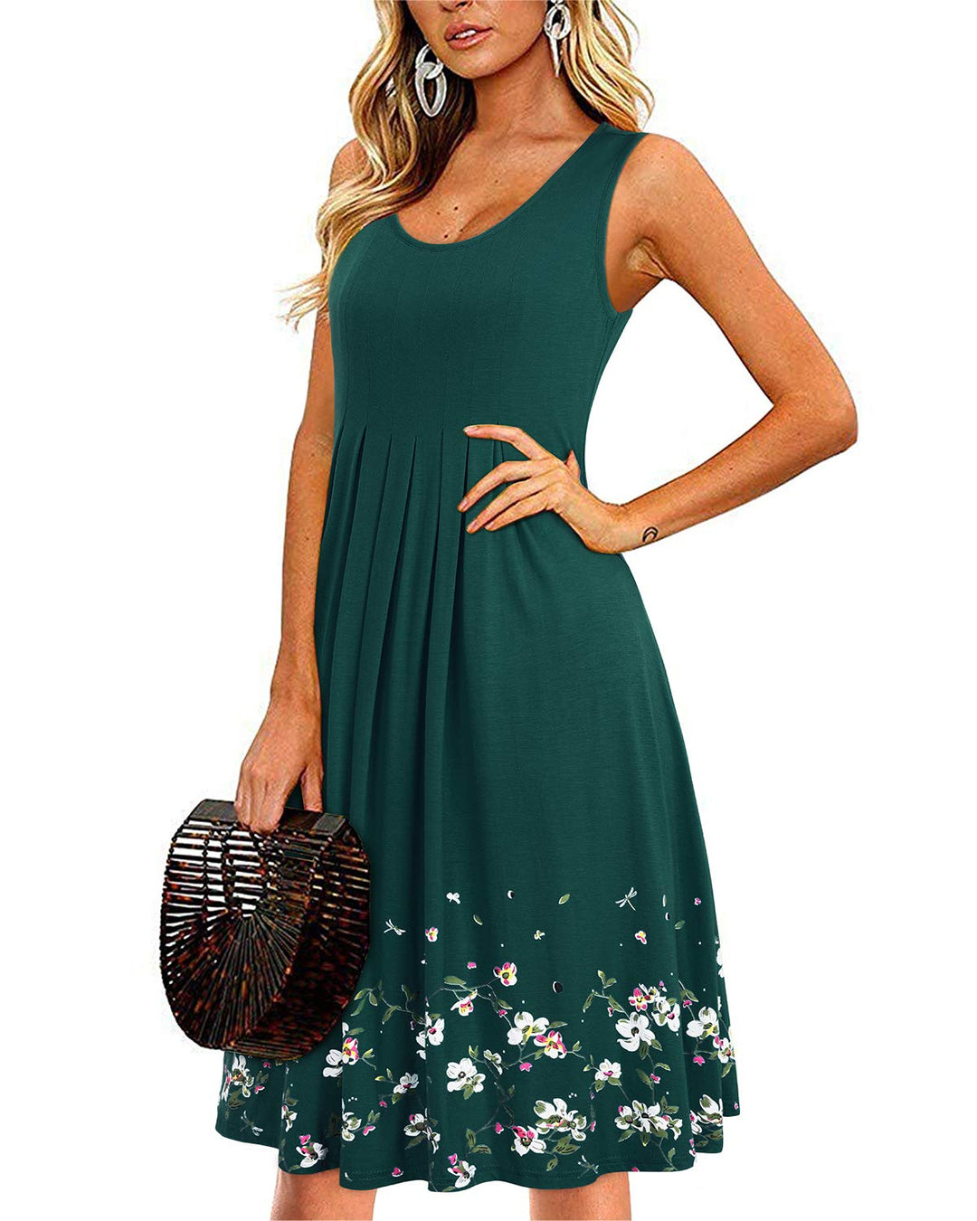 Giada Vestido Midi Mujer – Sin Mangas, Cuello Redondo y Línea A Plisado Casual de Verano