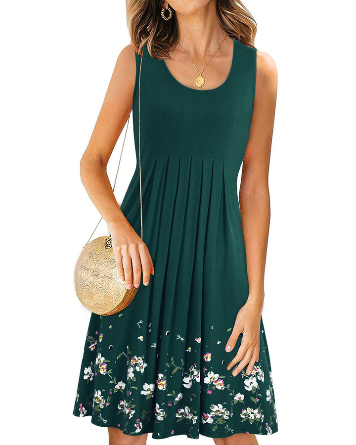 Giada Vestido Midi Mujer – Sin Mangas, Cuello Redondo y Línea A Plisado Casual de Verano