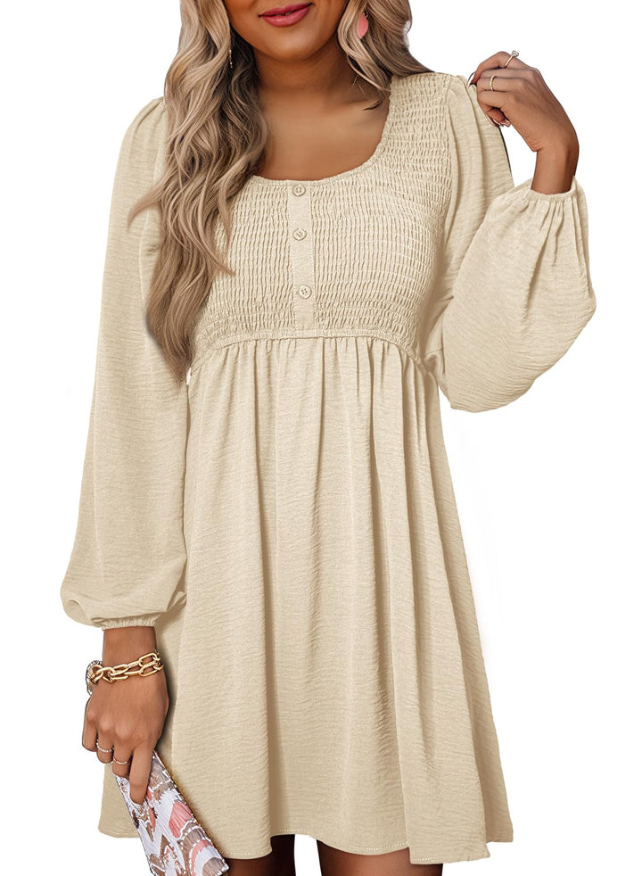 Vestido Midi Elara para Mujer – Mangas Largas, Cuello Redondo y Corte A en Muselina Elegante