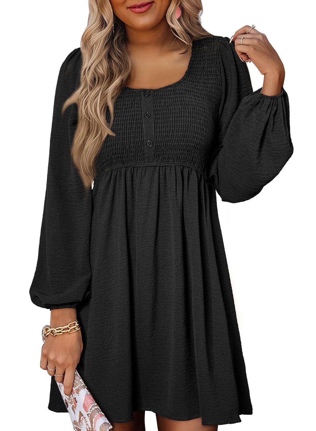 Vestido Midi Elara para Mujer – Mangas Largas, Cuello Redondo y Corte A en Muselina Elegante