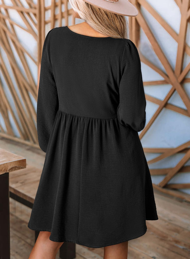 Vestido Midi Elara para Mujer – Mangas Largas, Cuello Redondo y Corte A en Muselina Elegante