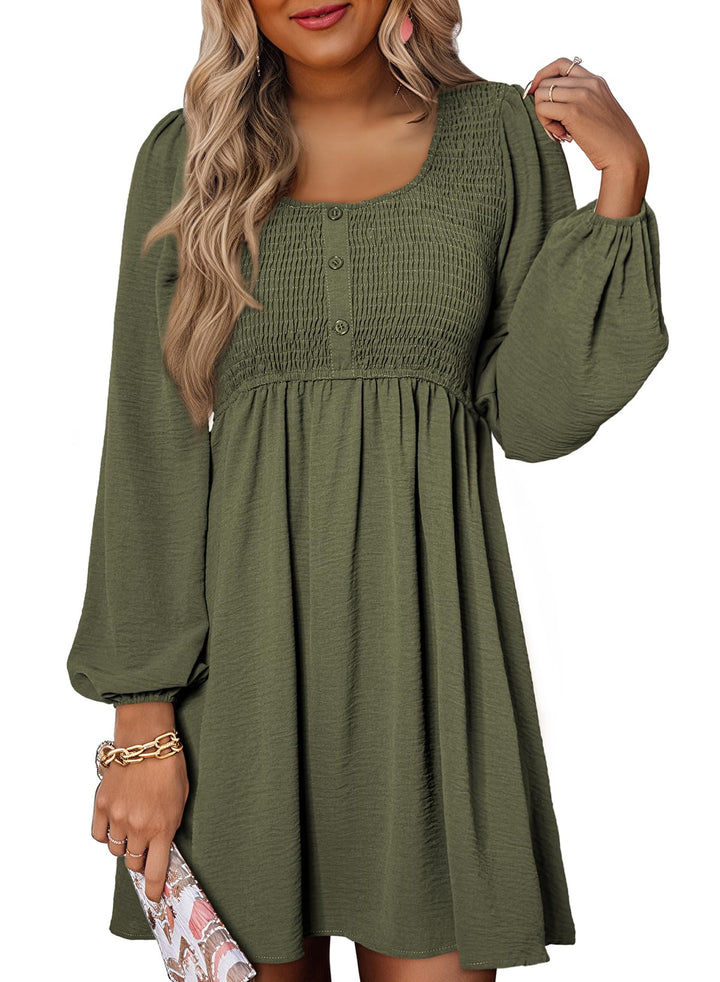 Vestido Midi Elara para Mujer – Mangas Largas, Cuello Redondo y Corte A en Muselina Elegante