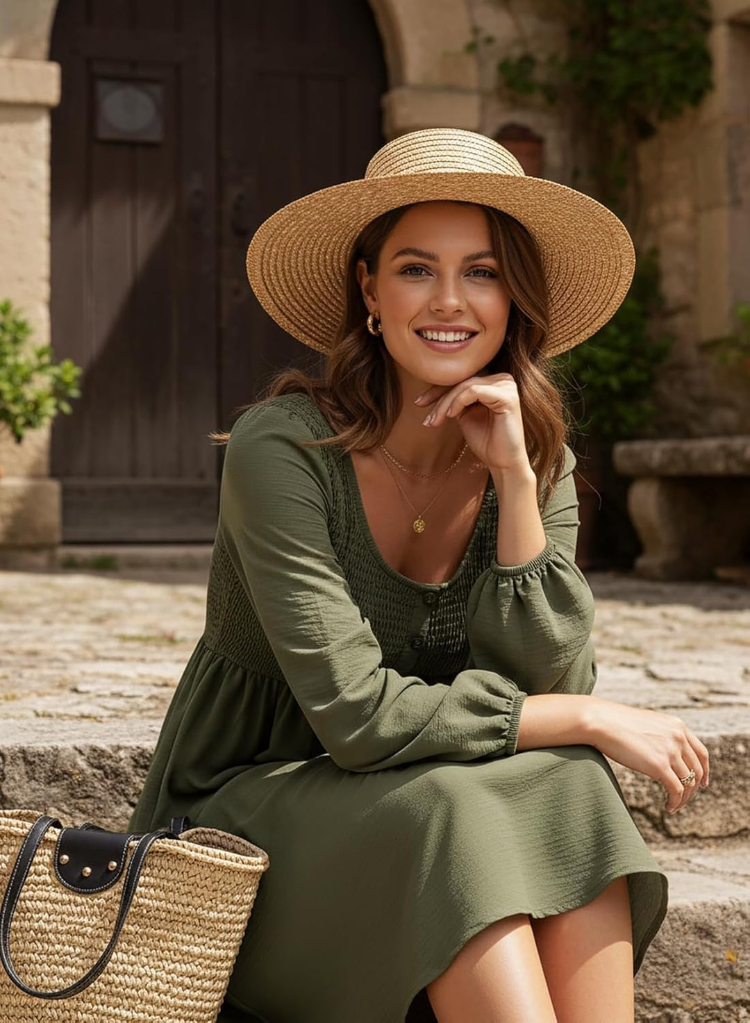 Vestido Midi Elara para Mujer – Mangas Largas, Cuello Redondo y Corte A en Muselina Elegante