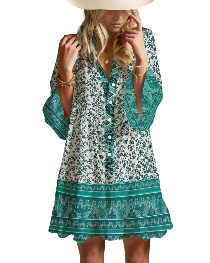 Aaliyah Robe Mini Bohème Femme – Col en V, Manches 3/4 & Robe Babydoll à Volants