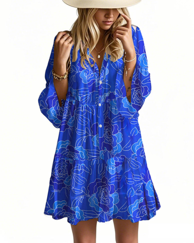 Aaliyah Robe Mini Bohème Femme – Col en V, Manches 3/4 & Robe Babydoll à Volants