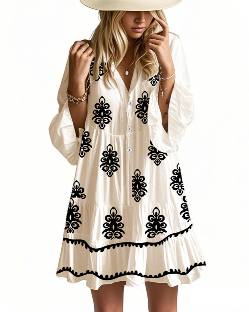 Aaliyah Robe Mini Bohème Femme – Col en V, Manches 3/4 & Robe Babydoll à Volants