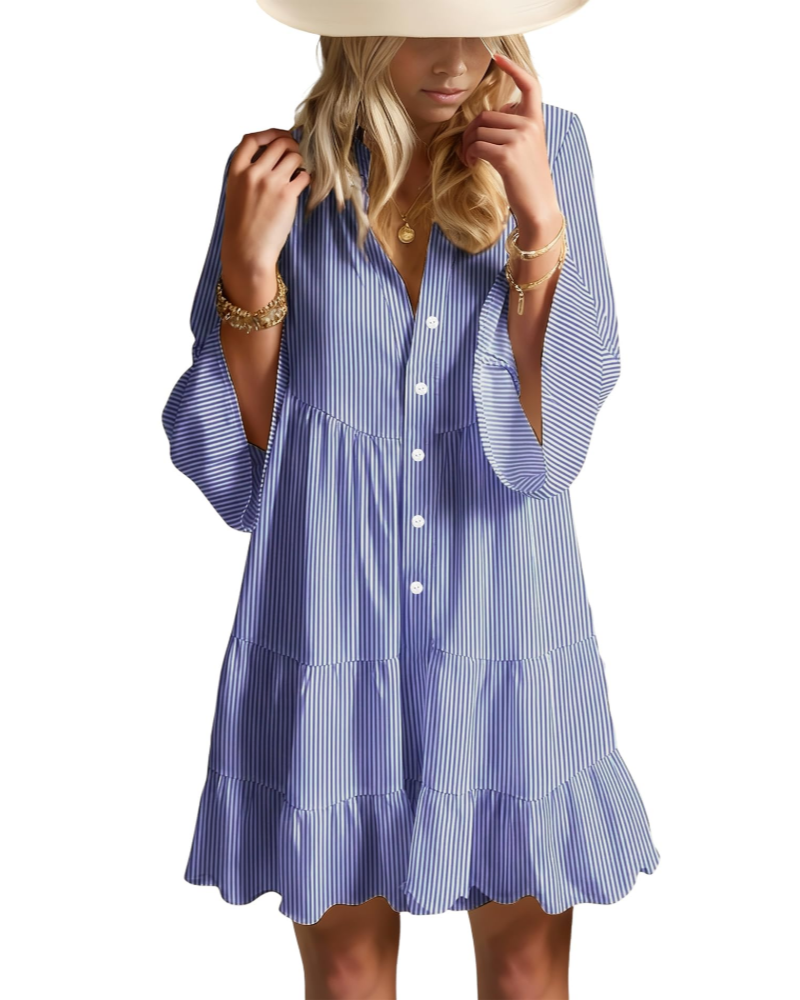 Aaliyah Robe Mini Bohème Femme – Col en V, Manches 3/4 & Robe Babydoll à Volants