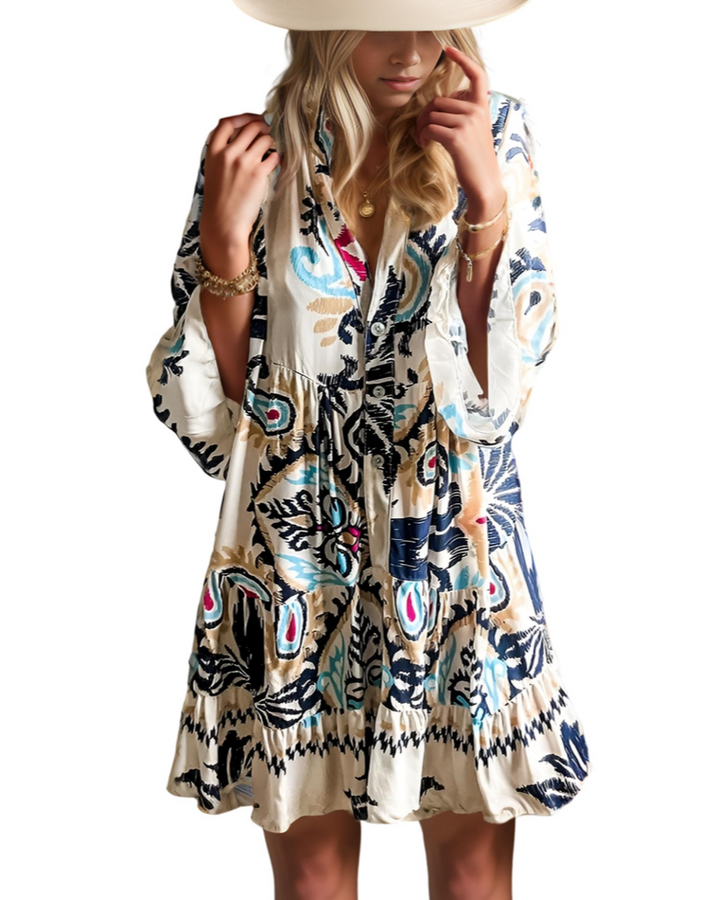 Aaliyah Robe Mini Bohème Femme – Col en V, Manches 3/4 & Robe Babydoll à Volants