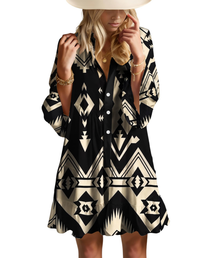 Aaliyah Robe Mini Bohème Femme – Col en V, Manches 3/4 & Robe Babydoll à Volants