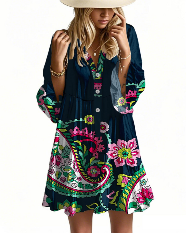 Aaliyah Robe Mini Bohème Femme – Col en V, Manches 3/4 & Robe Babydoll à Volants
