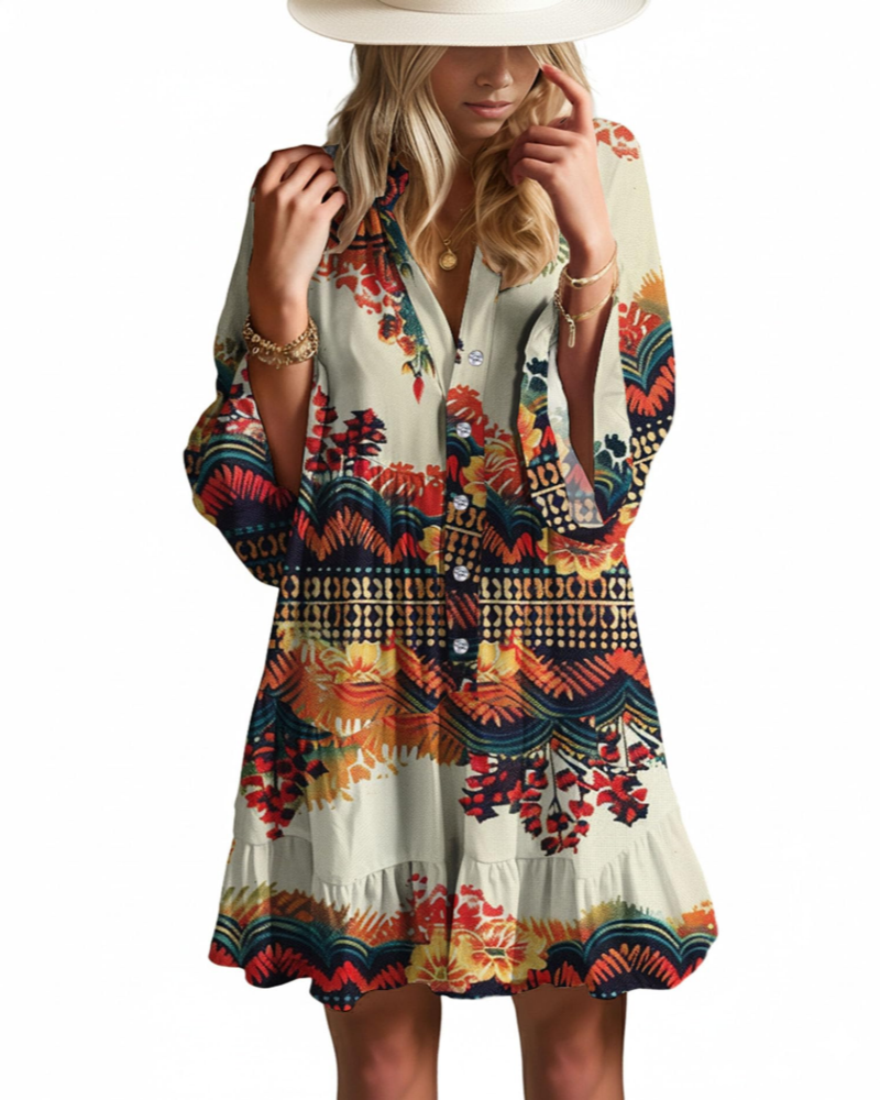 Aaliyah Robe Mini Bohème Femme – Col en V, Manches 3/4 & Robe Babydoll à Volants