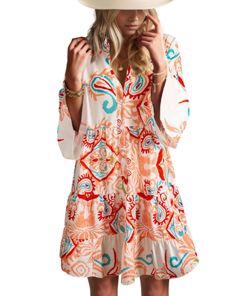 Aaliyah Robe Mini Bohème Femme – Col en V, Manches 3/4 & Robe Babydoll à Volants