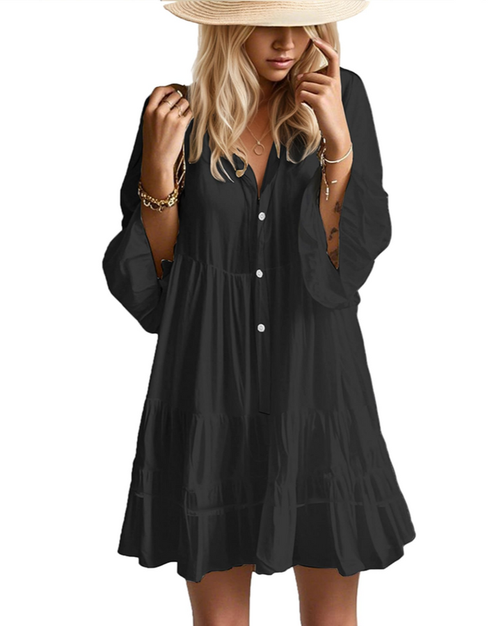 Aaliyah Robe Mini Bohème Femme – Col en V, Manches 3/4 & Robe Babydoll à Volants