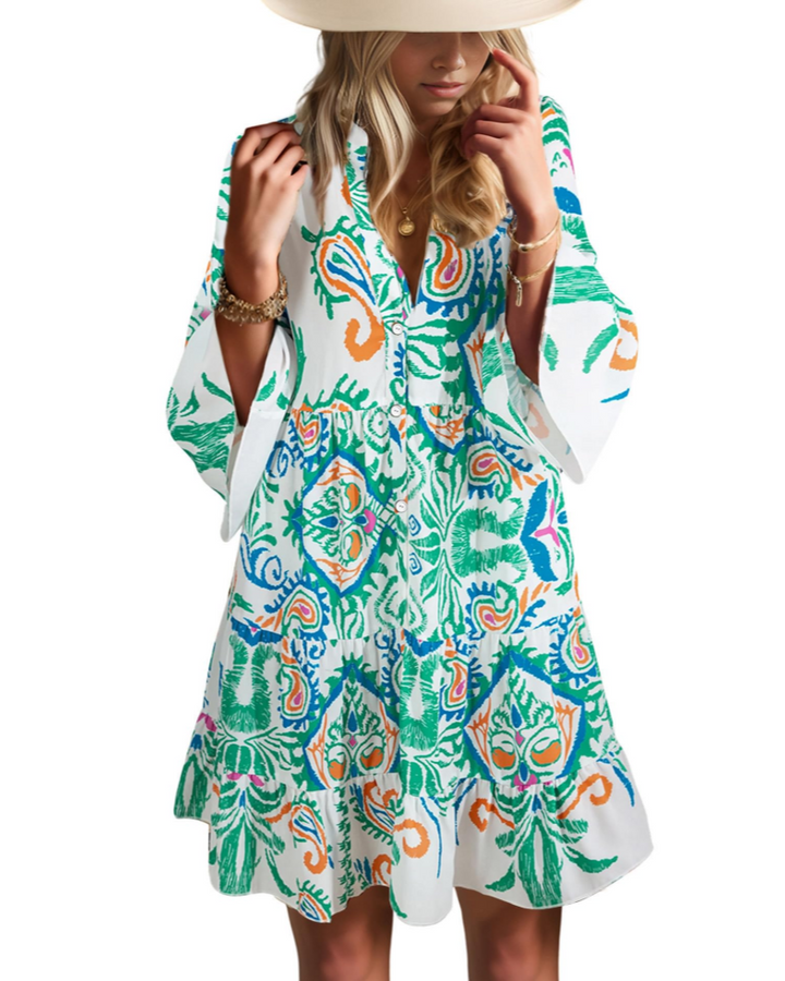Aaliyah Robe Mini Bohème Femme – Col en V, Manches 3/4 & Robe Babydoll à Volants