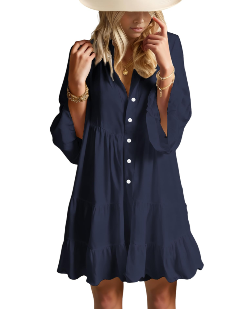 Aaliyah Robe Mini Bohème Femme – Col en V, Manches 3/4 & Robe Babydoll à Volants