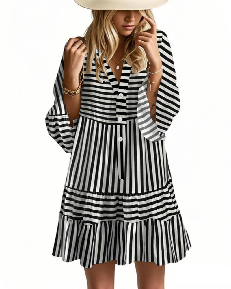 Aaliyah Robe Mini Bohème Femme – Col en V, Manches 3/4 & Robe Babydoll à Volants