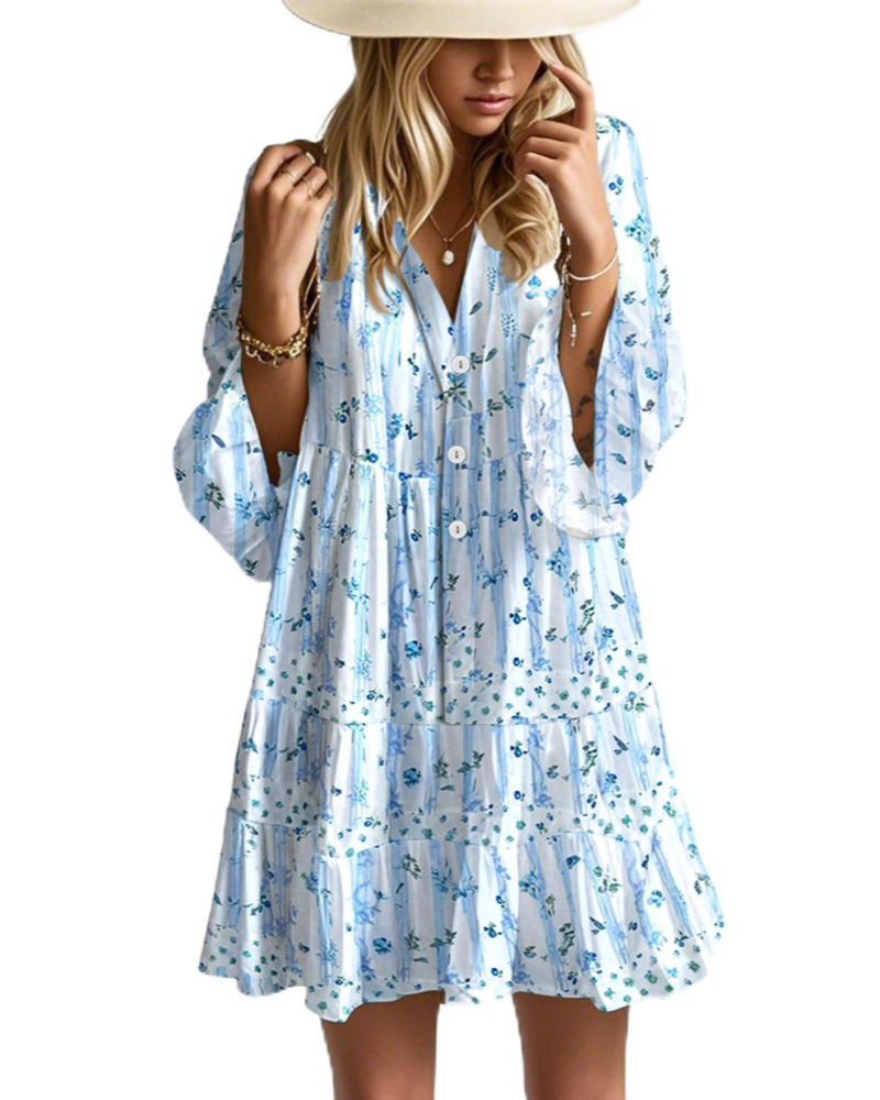Aaliyah Robe Mini Bohème Femme – Col en V, Manches 3/4 & Robe Babydoll à Volants