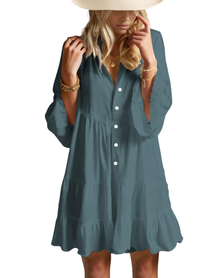 Aaliyah Robe Mini Bohème Femme – Col en V, Manches 3/4 & Robe Babydoll à Volants