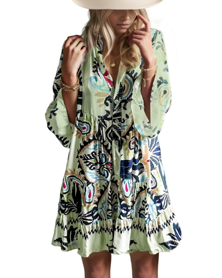 Aaliyah Robe Mini Bohème Femme – Col en V, Manches 3/4 & Robe Babydoll à Volants