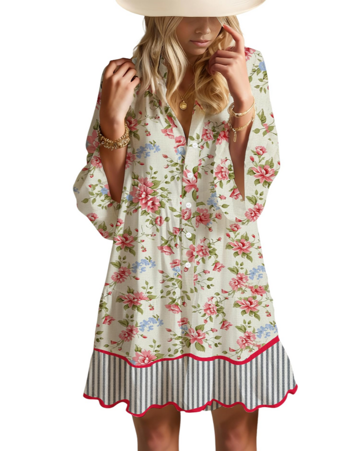 Aaliyah Robe Mini Bohème Femme – Col en V, Manches 3/4 & Robe Babydoll à Volants