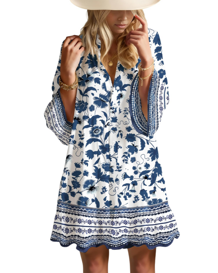 Aaliyah Robe Mini Bohème Femme – Col en V, Manches 3/4 & Robe Babydoll à Volants