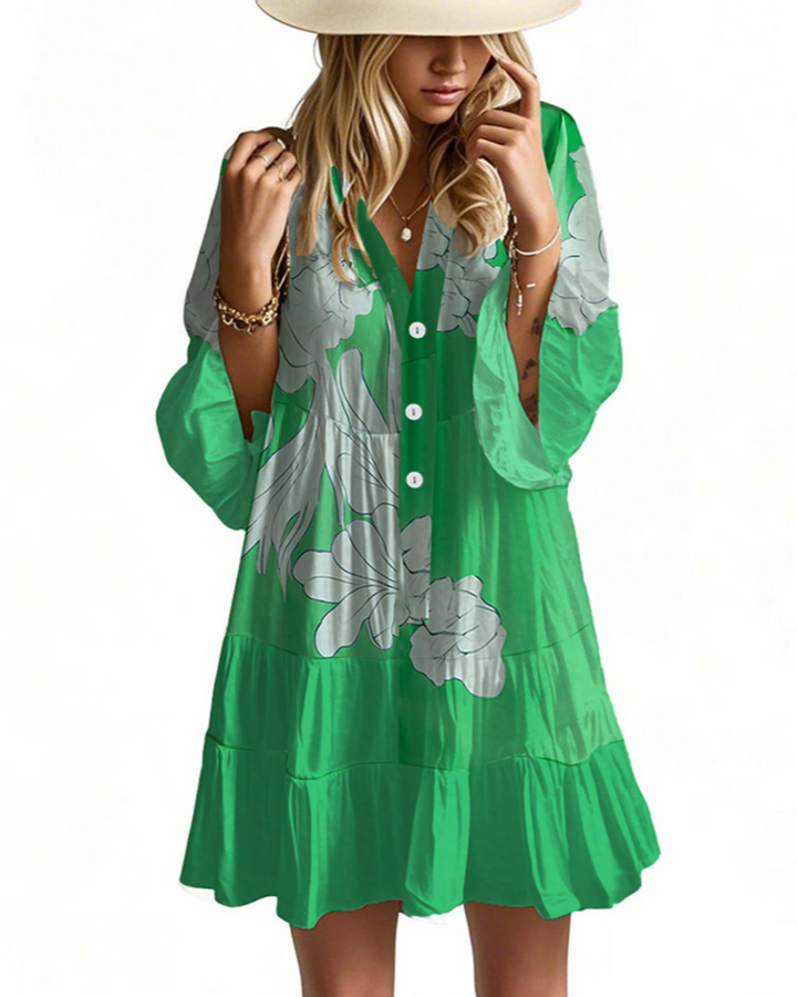 Aaliyah Robe Mini Bohème Femme – Col en V, Manches 3/4 & Robe Babydoll à Volants