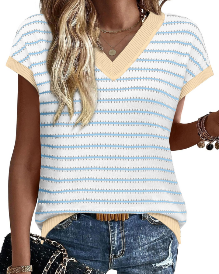 Amira Suéter Mujer – Jersey de Crochet a Rayas, Escote en V y Top de Verano Calado