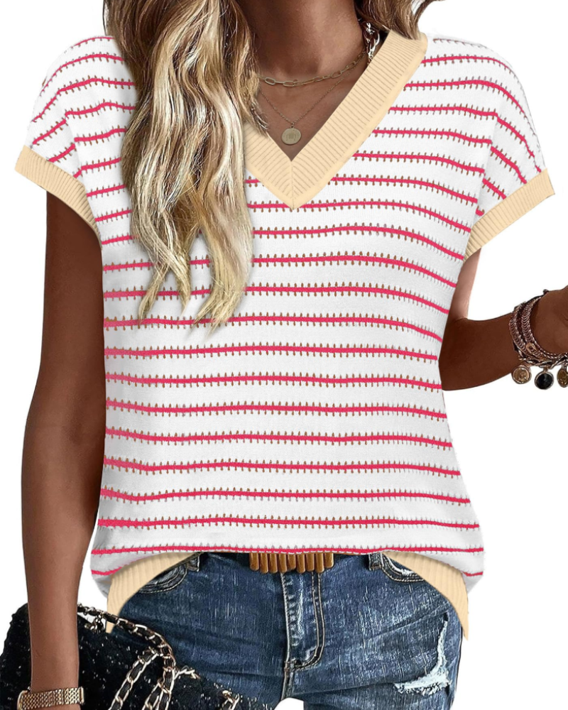 Amira Suéter Mujer – Jersey de Crochet a Rayas, Escote en V y Top de Verano Calado