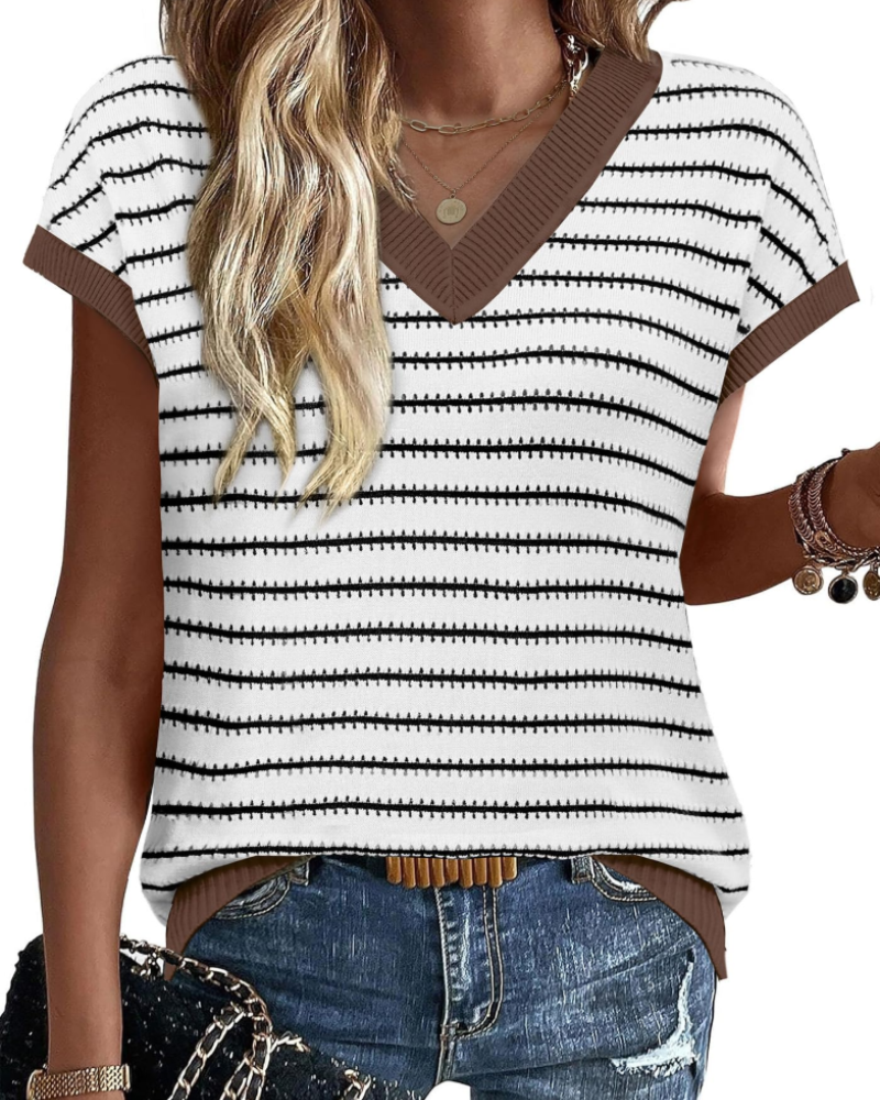 Amira Suéter Mujer – Jersey de Crochet a Rayas, Escote en V y Top de Verano Calado