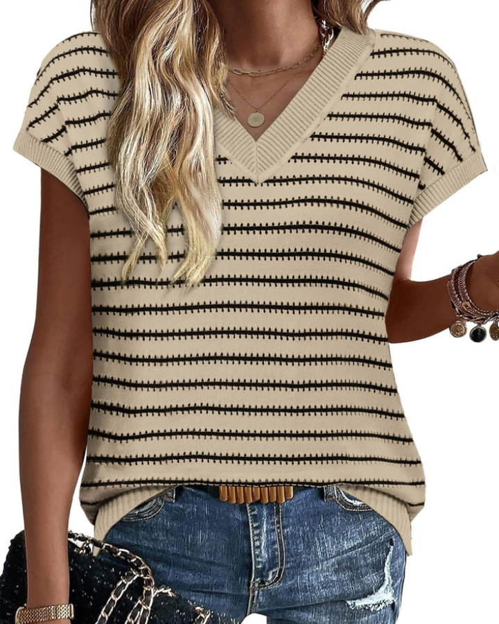 Amira Suéter Mujer – Jersey de Crochet a Rayas, Escote en V y Top de Verano Calado