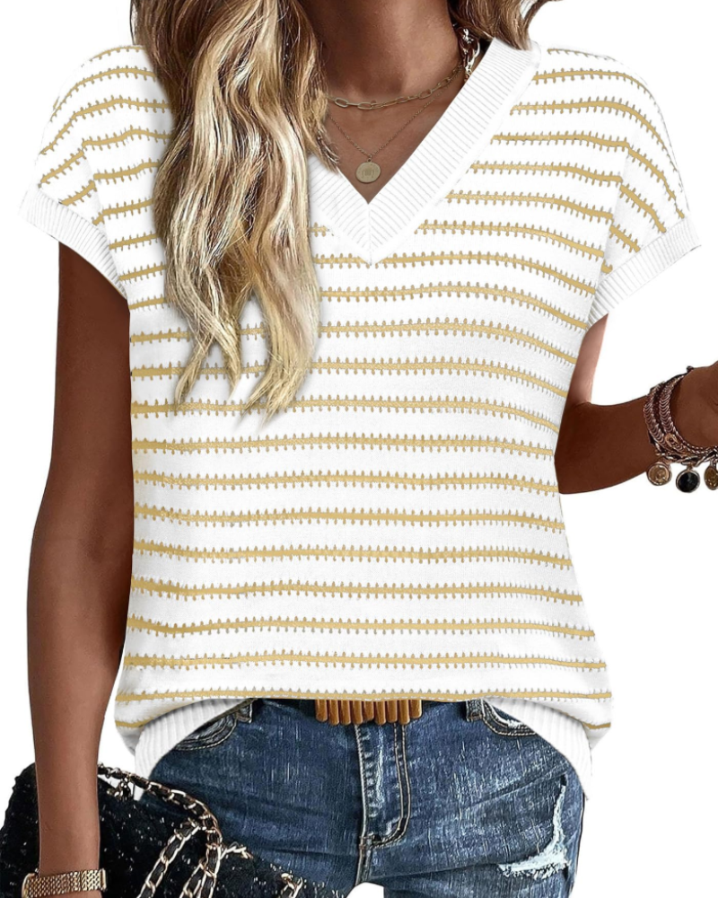 Amira Suéter Mujer – Jersey de Crochet a Rayas, Escote en V y Top de Verano Calado