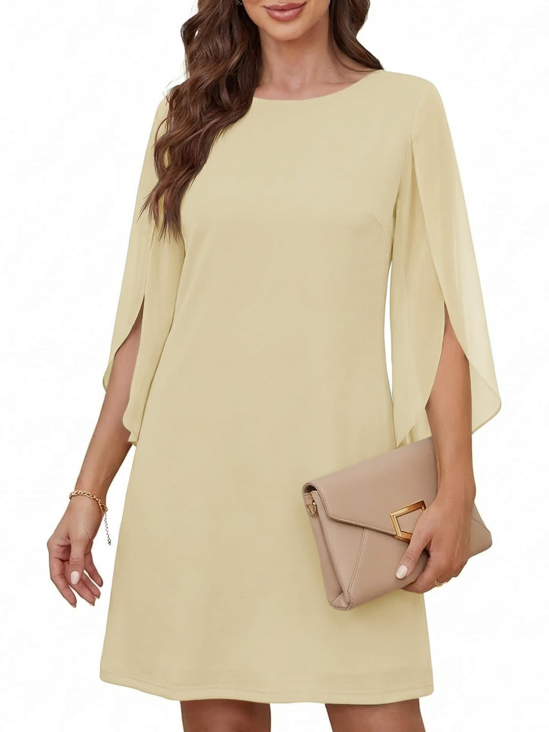 Vestido Elegante Marino para Mujer – Cuello Redondo, Mangas 3/4 de Chifón y Largo hasta la Rodilla