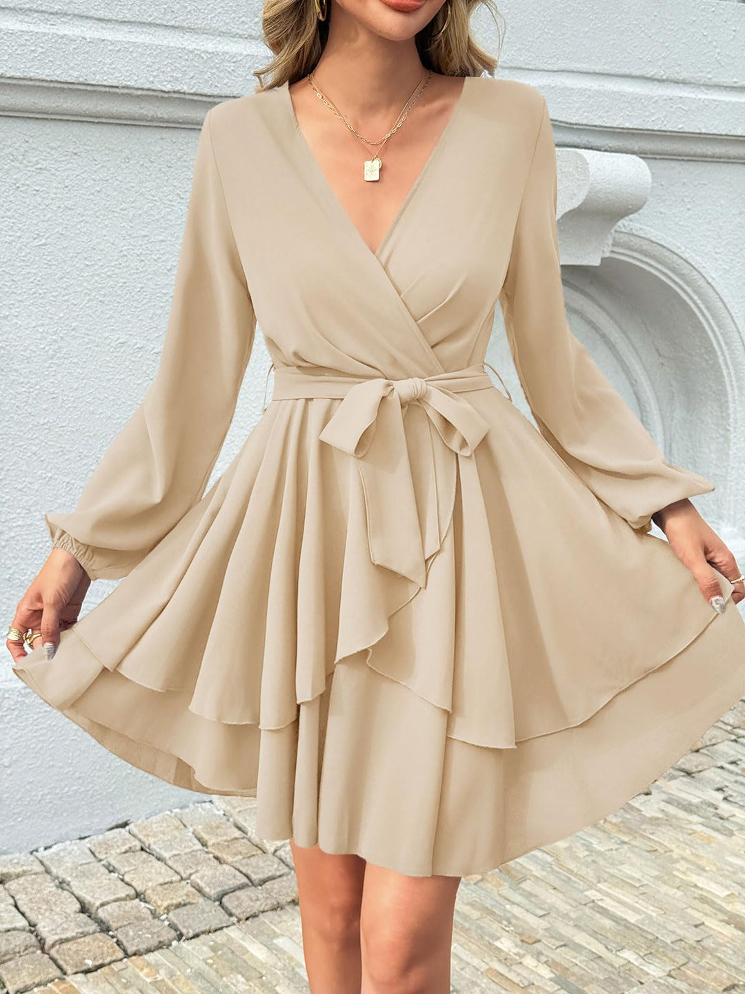 Brinley Vestido Mujer Cruzado – Escote en V Profundo, Volantes y Cintura Alta Elegante