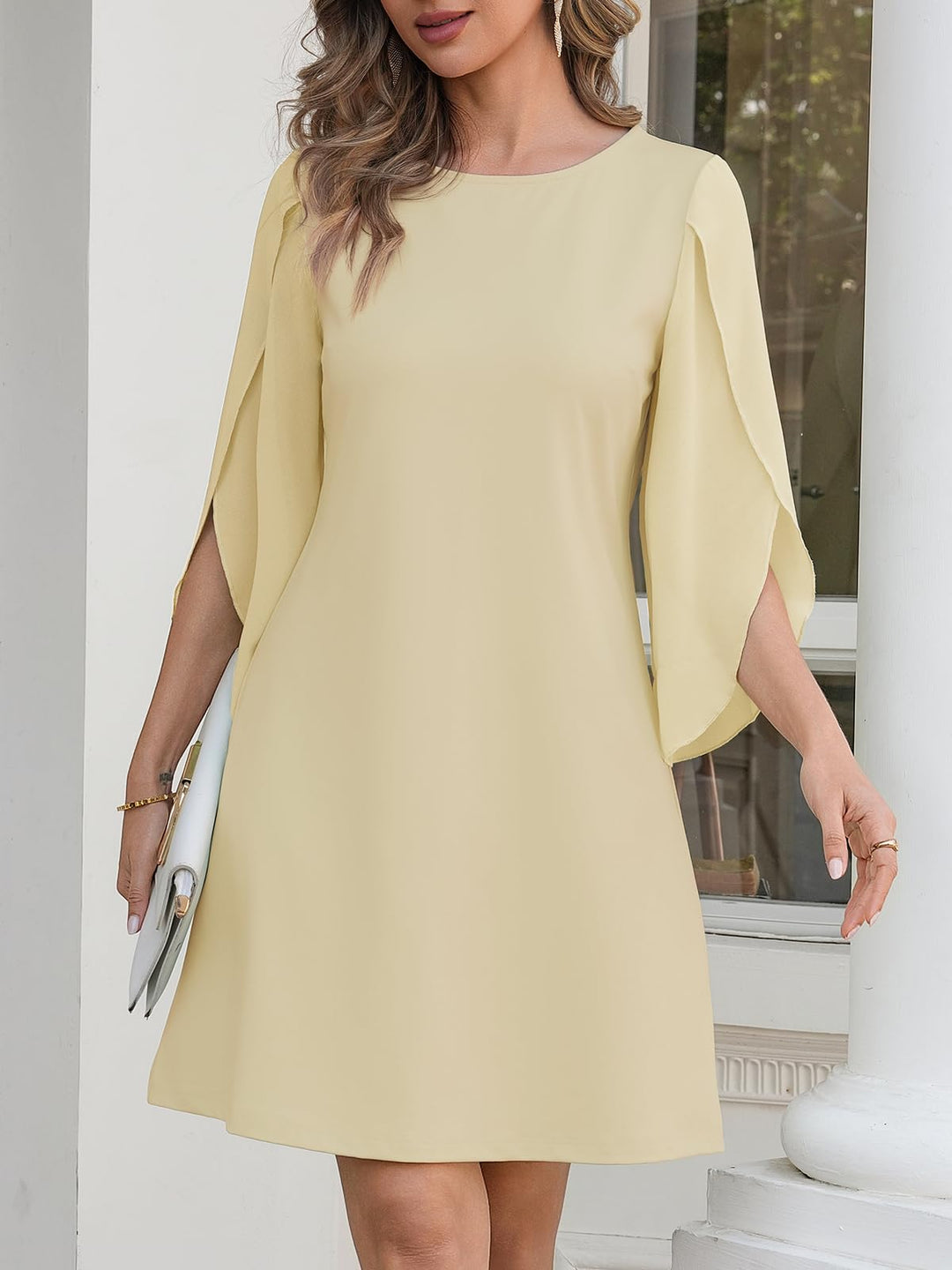 Vestido Elegante Marino para Mujer – Cuello Redondo, Mangas 3/4 de Chifón y Largo hasta la Rodilla