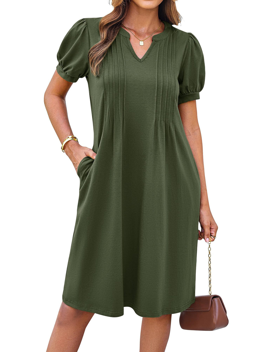 Giada Vestito Midi Donna – Scollo Henley a V, Maniche Corte & A-Line con Tasche