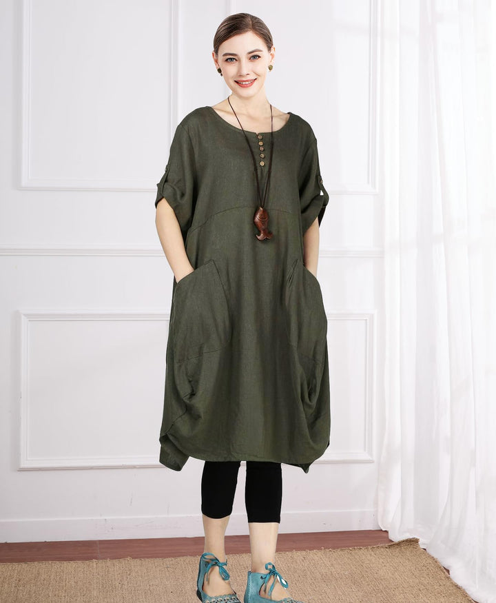 Wisteria Vestido Túnica Mujer – Lino Algodón, Mangas Cortas y Bolsillos Boho Oversize