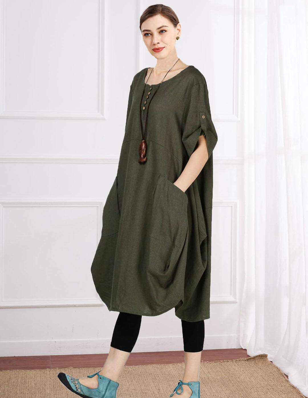 Wisteria Vestido Túnica Mujer – Lino Algodón, Mangas Cortas y Bolsillos Boho Oversize