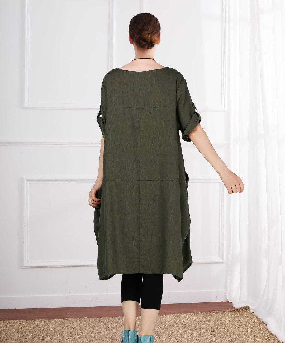 Wisteria Vestido Túnica Mujer – Lino Algodón, Mangas Cortas y Bolsillos Boho Oversize