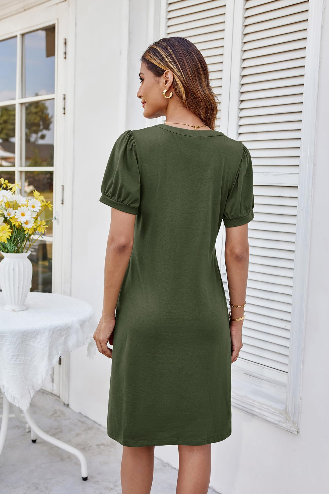 Giada Vestito Midi Donna – Scollo Henley a V, Maniche Corte & A-Line con Tasche