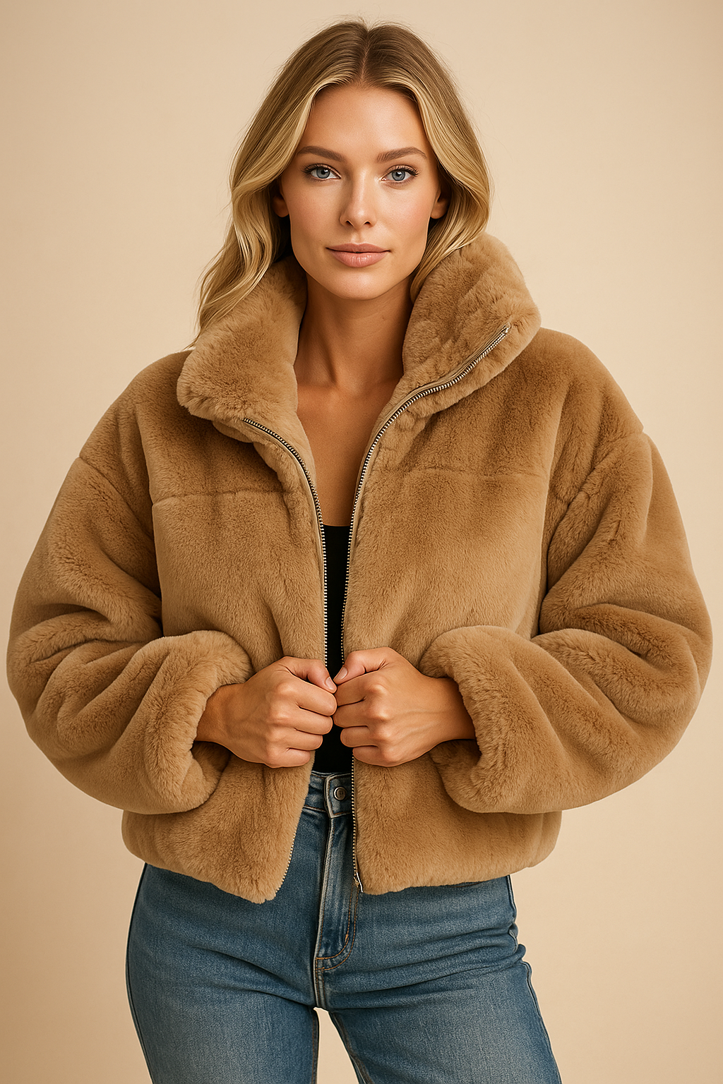 Luna Teddy-Jacke für Damen Kurz – Weiches Kunstfell mit Stehkragen und Reißverschlussverschluss