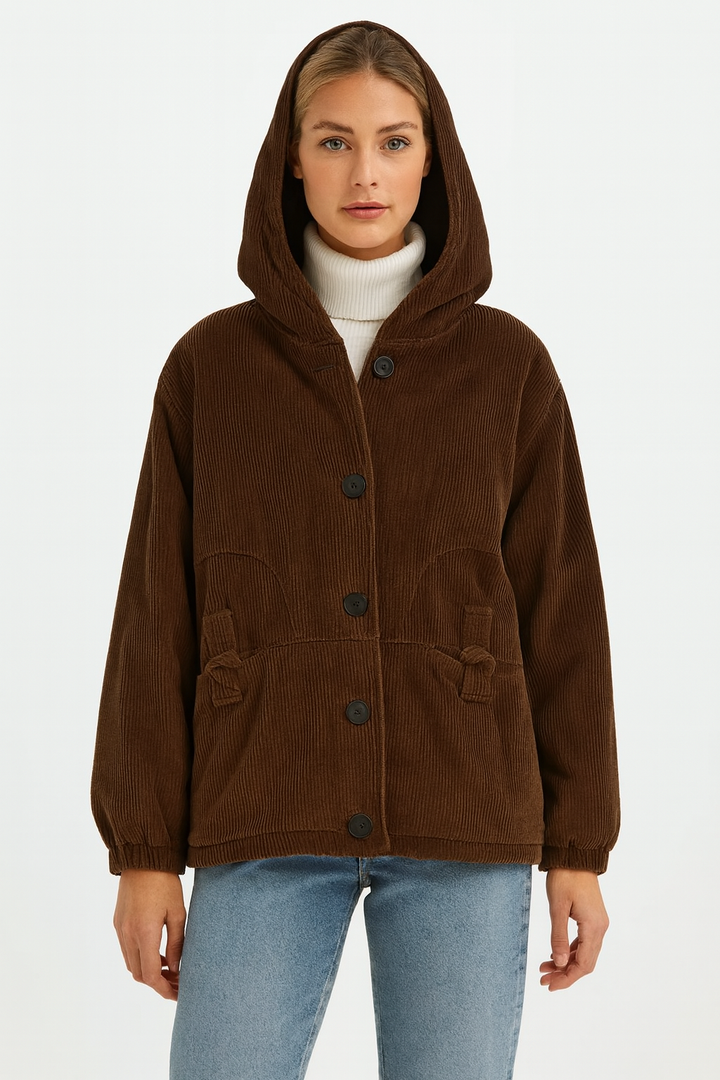 May Jakke Dame i Ribbet Fløyel – Jakke med Hette, Myk Passform og Casual Stil