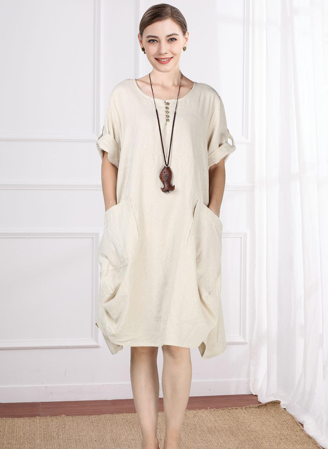 Wisteria Vestido Túnica Mujer – Lino Algodón, Mangas Cortas y Bolsillos Boho Oversize