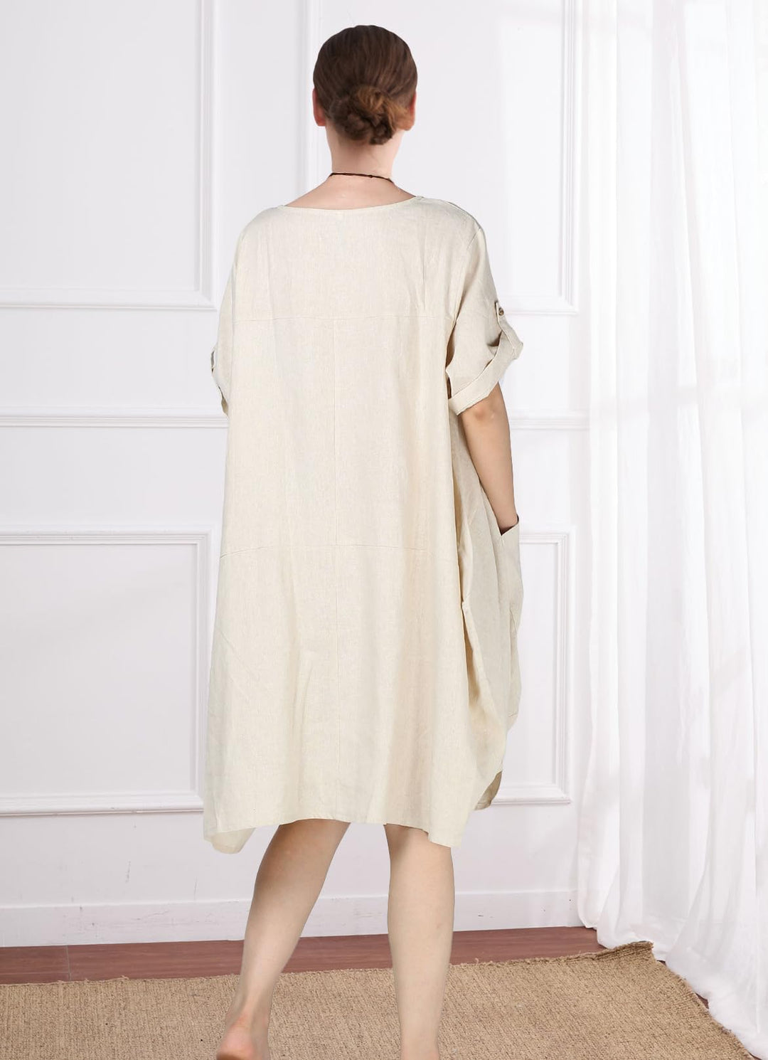 Wisteria Vestido Túnica Mujer – Lino Algodón, Mangas Cortas y Bolsillos Boho Oversize